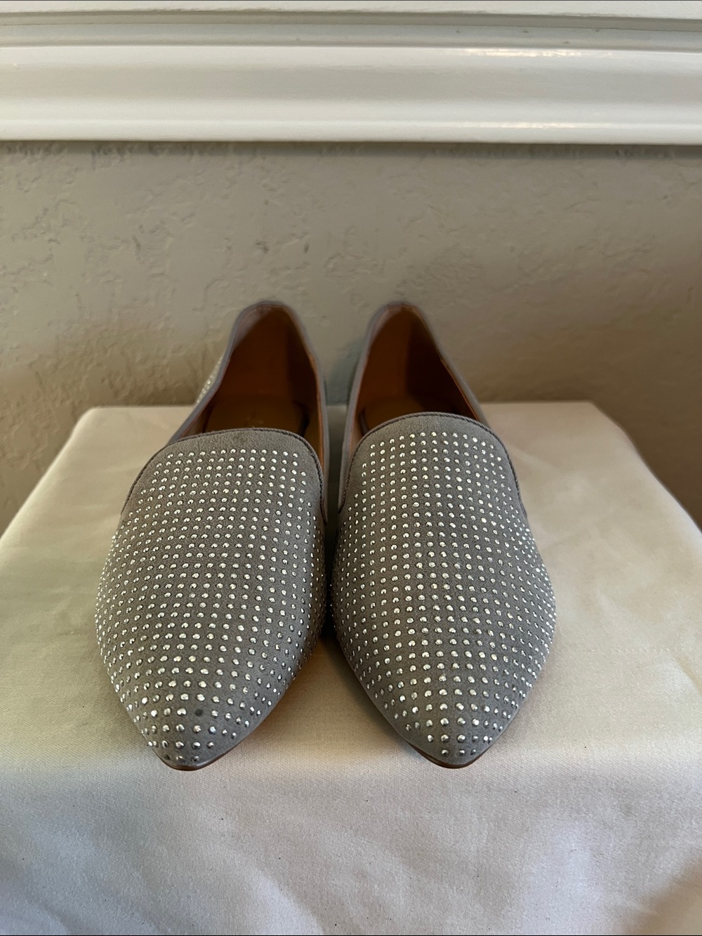 Aldo Embellished Pointed Toe Flats — Gray Faux Suede